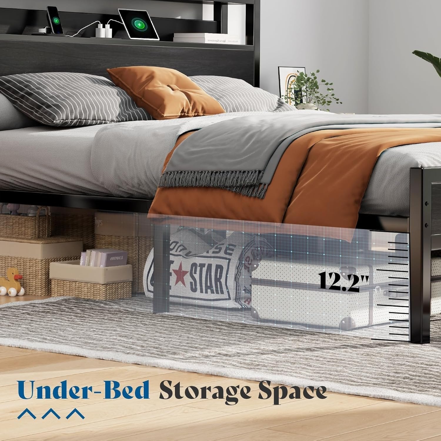 King Platform Bed with Galaxy Projector & Charging Headboard