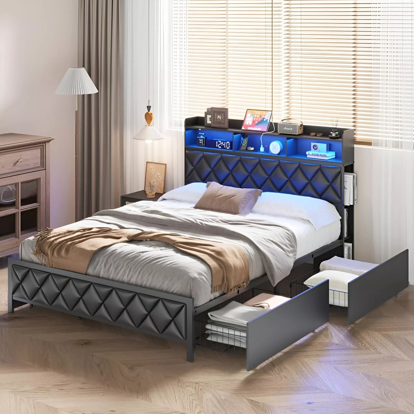 Queen Bed Frame with Storage Headboard, 4 Drawers, RGB LED, and Charging Station - DSARD