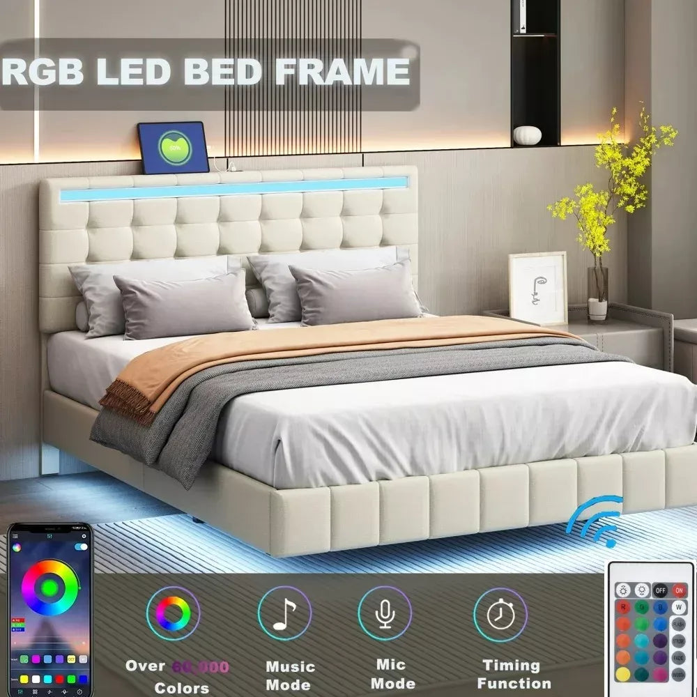Queen Size Floating Bed Frame with LED Lights & USB Charging Station - DSARD
