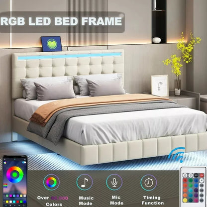 Queen Size Floating Bed Frame with LED Lights & USB Charging Station - DSARD