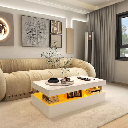 Modern High Gloss Coffee Table with RGB LED Lighting - Rectangular White Design for Living Rooms - DSARD