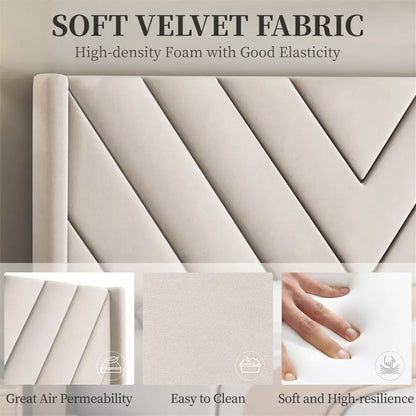 Modern Velvet Upholstered Queen Platform Bed with Wingback Headboard - DSARD