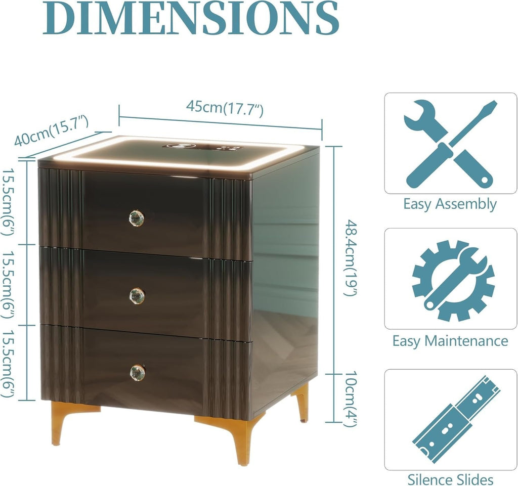 Set of 2 LED Premium Nightstands with Wireless Charging Station and 3 Storage Drawers