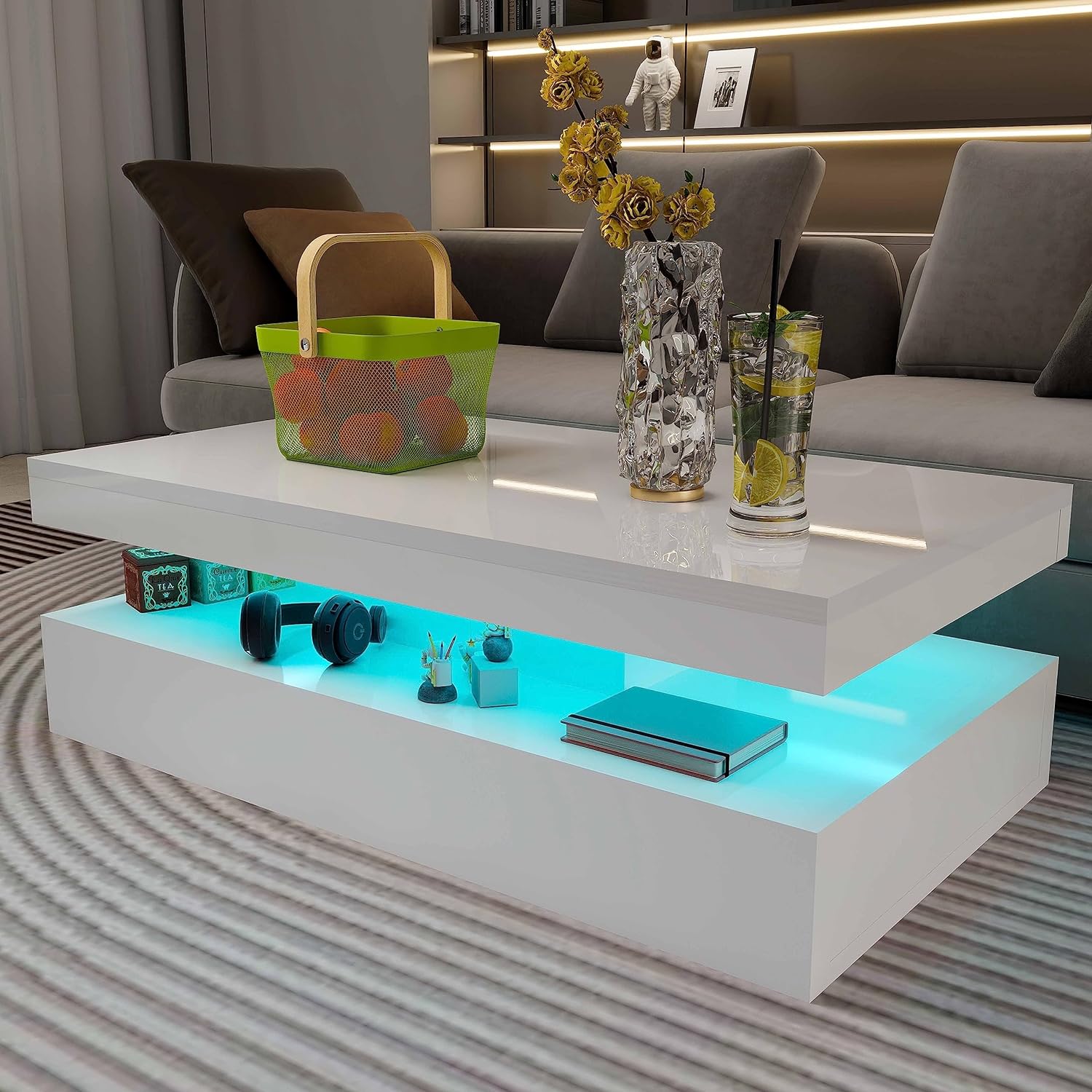 Modern High Gloss Coffee Table with RGB LED Lighting - Rectangular White Design for Living Rooms - DSARD
