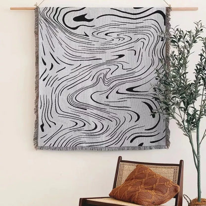 Elegant Black Water Ripple Throw Blanket – Woven Cotton Tapestry for Home & Travel