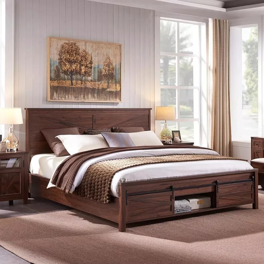 King Size Farmhouse Bed Frame with Sliding Barn Door Storage - DSARD