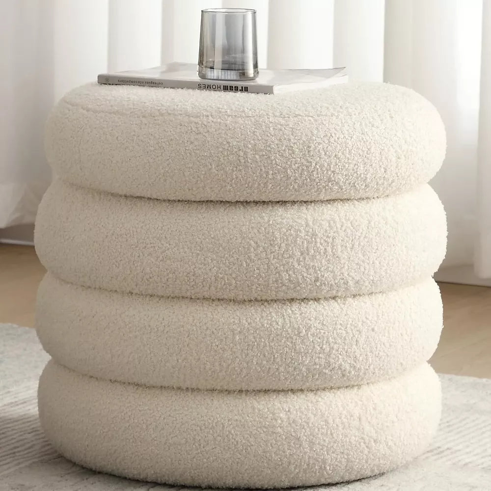 Small Boucle Storage Ottoman – Round Sherpa Footstool with Removable Lid - DSARD