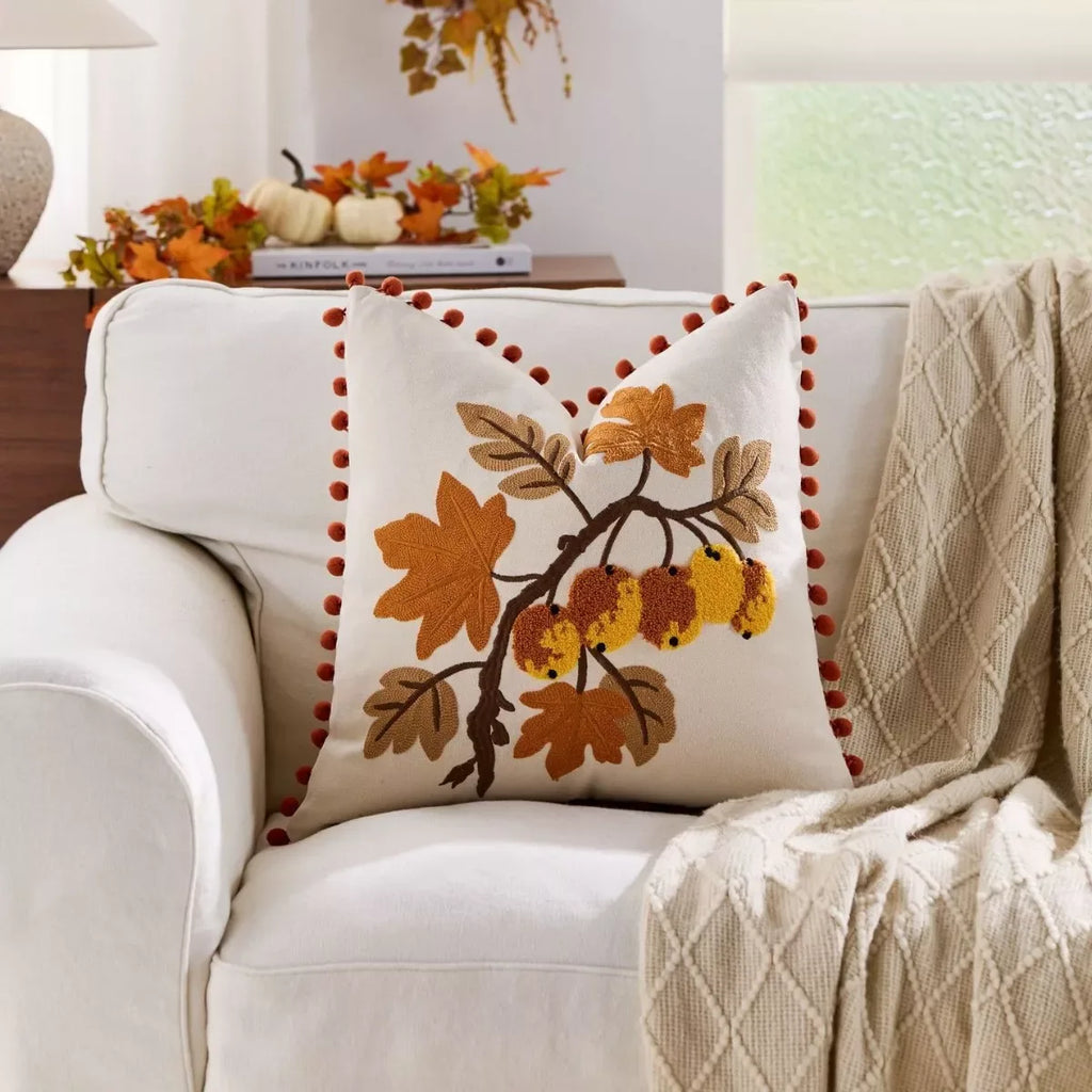 Autumn Harvest Embroidered Pillow Cover 18x18inc – Cozy Fall Home Décor - DSARD