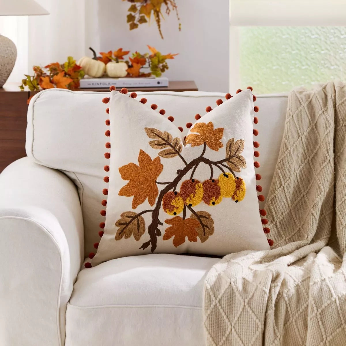Autumn Harvest Embroidered Pillow Cover 18x18inc – Cozy Fall Home Décor