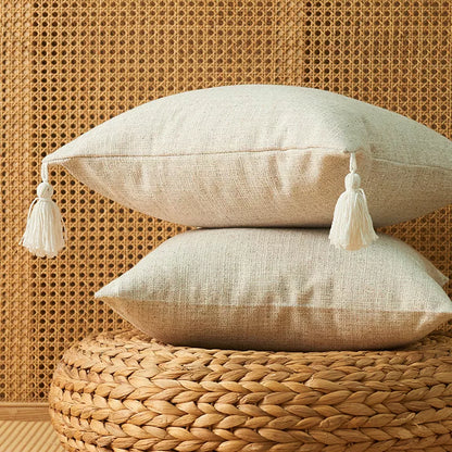 Set of 2 Rustic Linen Throw Pillow Covers with Tassels