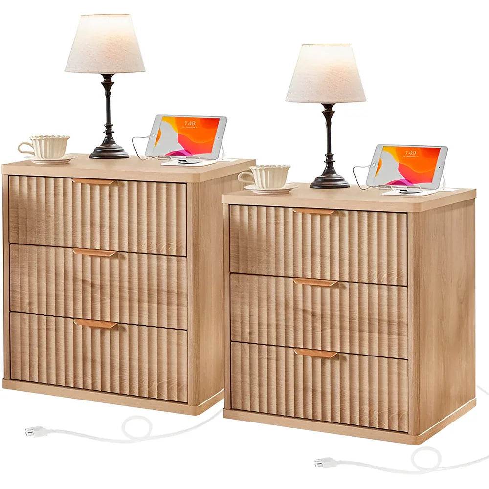 23" Wide Fluted Farmhouse Premium Nightstands with Charging Station, Set of 2 - DSARD