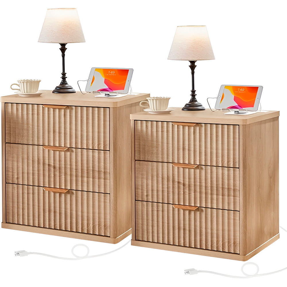 23" Wide Fluted Farmhouse Premium Nightstands with Charging Station, Set of 2