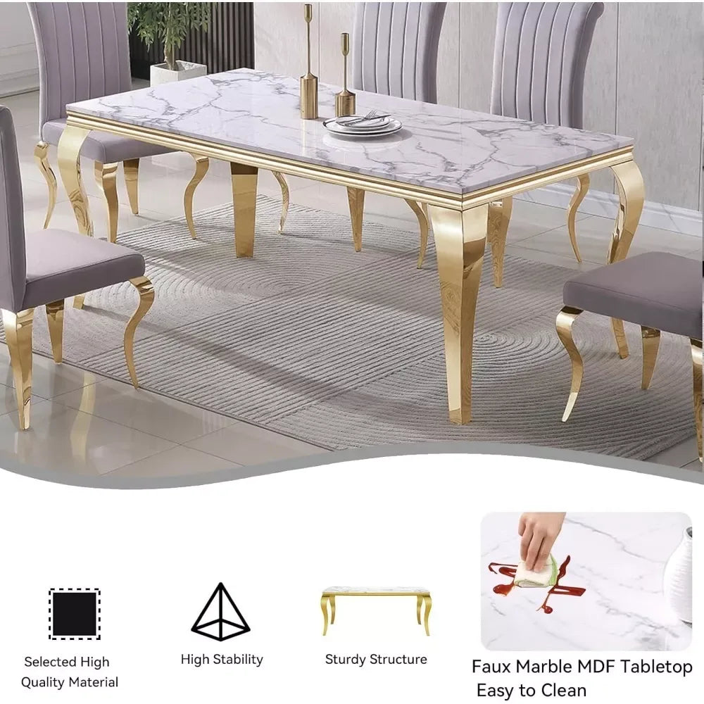 70″ Modern Faux Marble Dining Table for 6-8 People with S-Shaped Gold Base - DSARD - DSARD