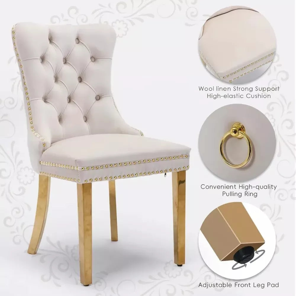 Velvet Dining Chairs Set of 2 – Gold Legs, Tufted Back, Pull Ring Design