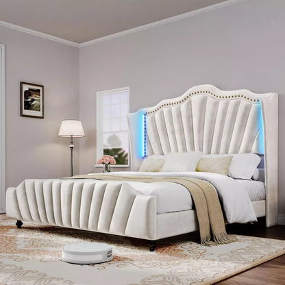 King Size Velvet Platform Bed Frame with 60″ Tall Headboard & LED Lights - DSARD