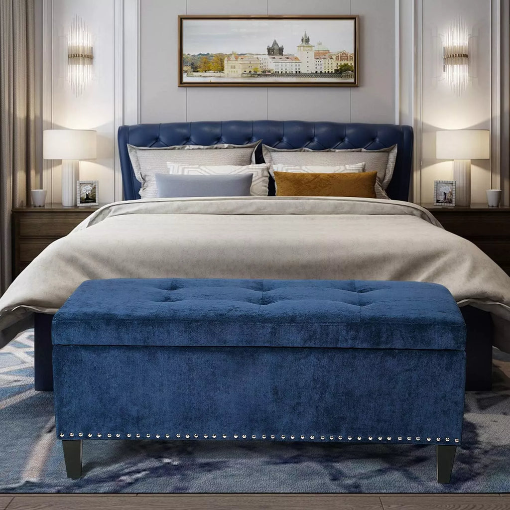 Tufted Linen Storage Ottoman Bench with Lift Top & Solid Wood Legs - DSARD