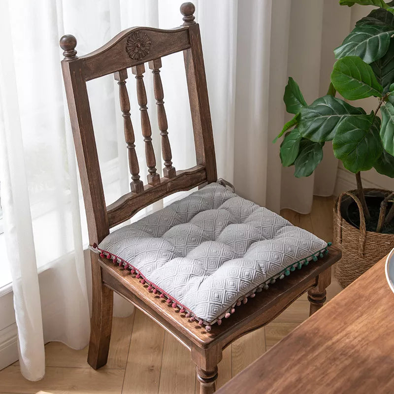 Bohemian Square Pompom Chair Cushion with Ties – Soft Decorative Floor Pillow