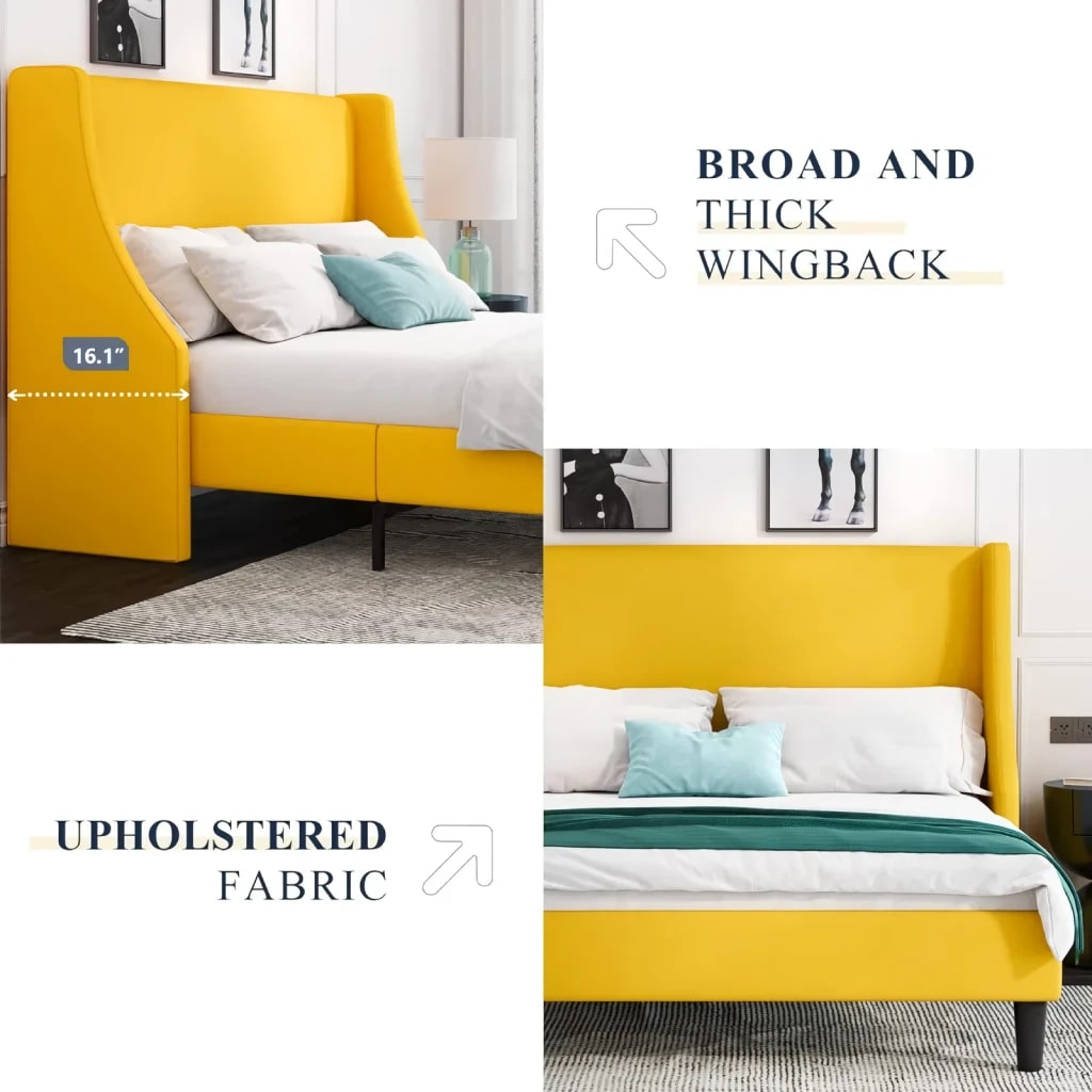 Luxury Full-Size Platform Bed Frame with Padded Wingback Headboard and Plank Support - DSARD