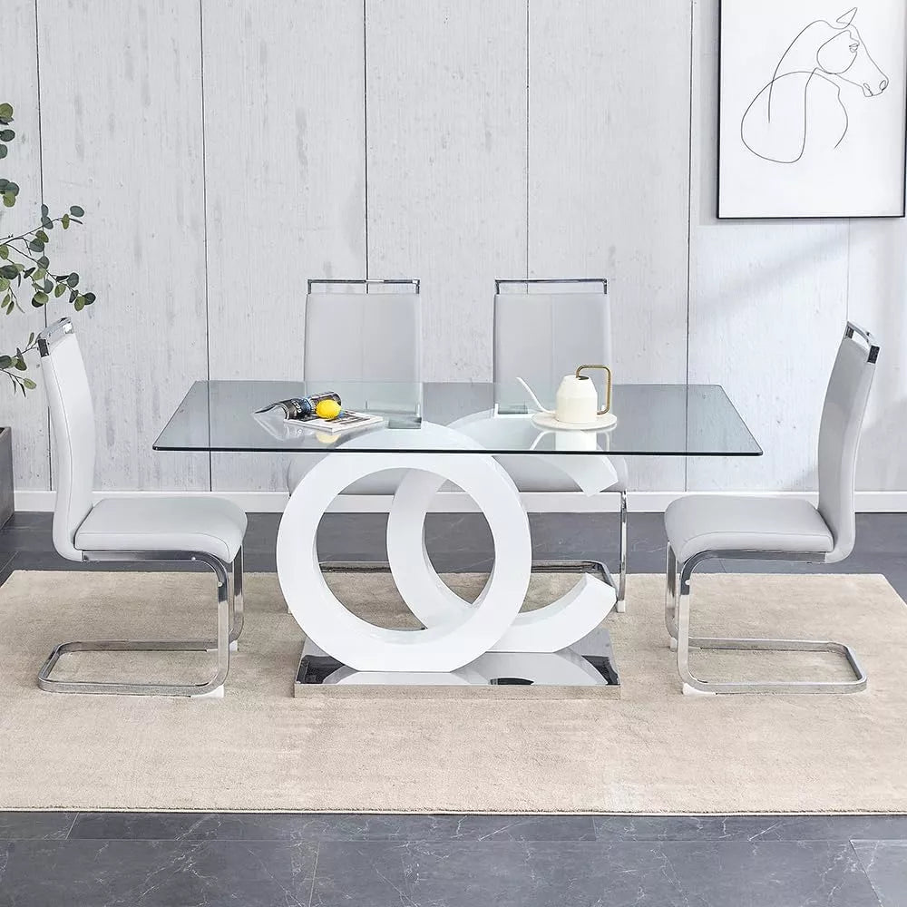 Modern Glass Dining Table Set with 4 PU Leather Ergonomic Chairs, 63 Inch - DSARD