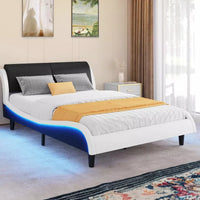 Queen Size LED Faux Leather Bed Frame with Wave Design, No Box Spring Needed - DSARD