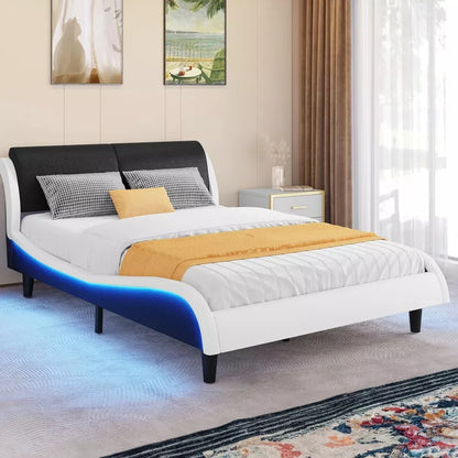 Queen Size LED Faux Leather Bed Frame with Wave Design, No Box Spring Needed - DSARD