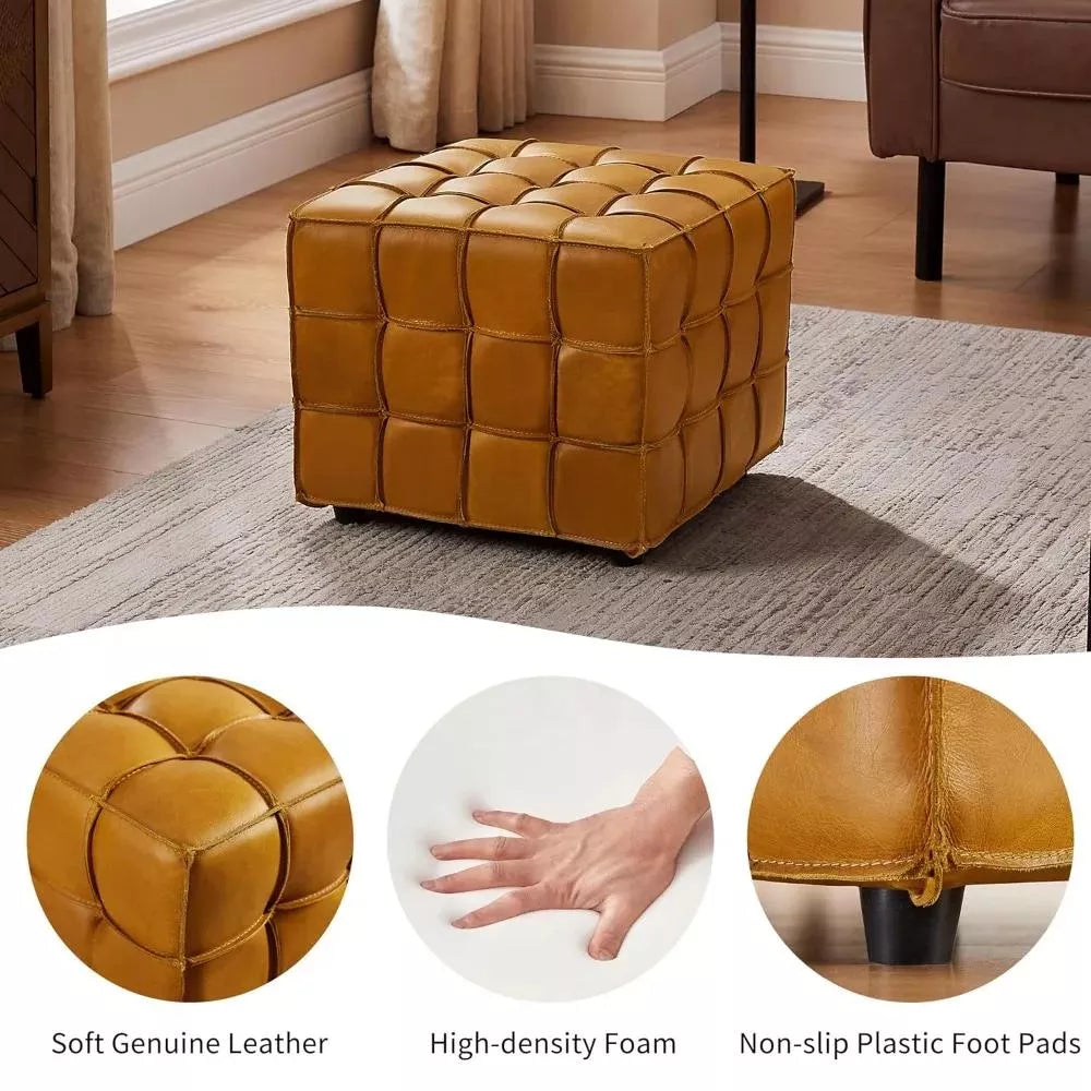 Genuine Leather Square Ottoman Footstool – Modern Tufted Yellow Brown - DSARD