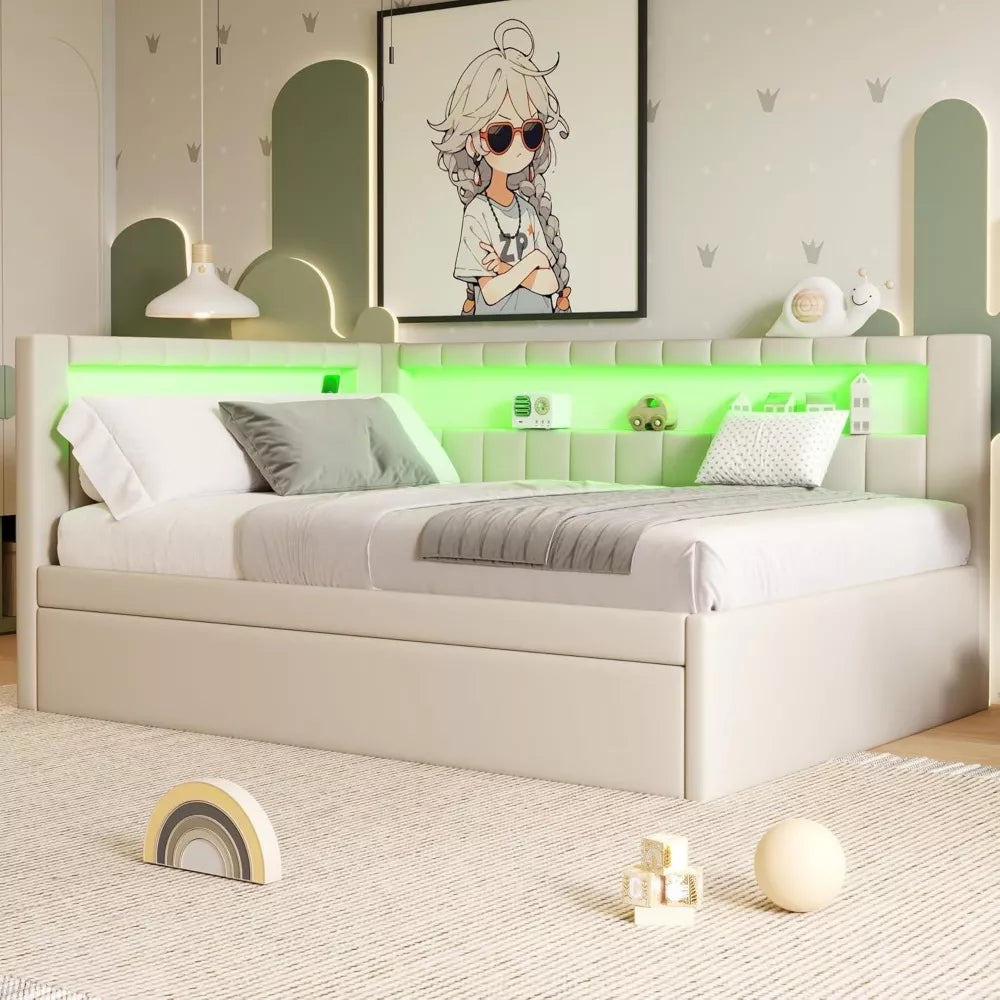 Full Size Soft Daybed with Trundle, Storage Shelves and LED Belt - DSARD