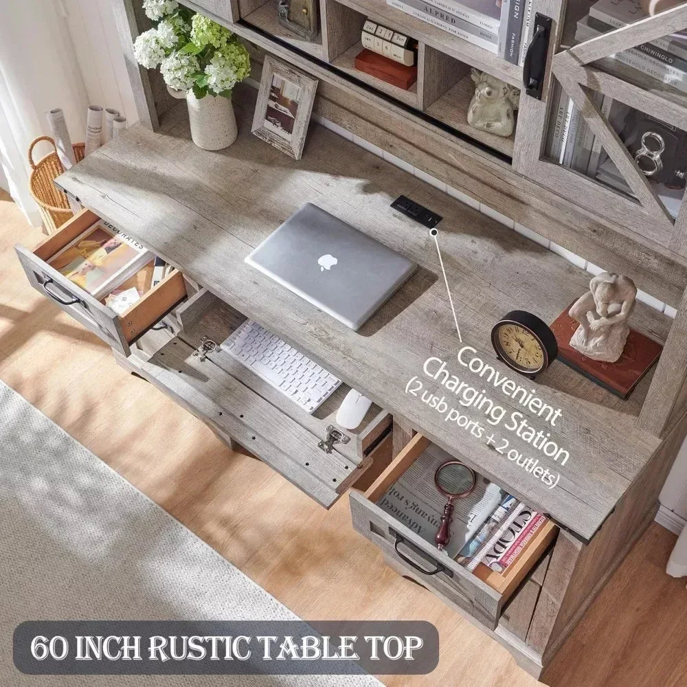 60″ Rustic Farmhouse Executive Desk with Hutch and Charging Station - DSARD - DSARD