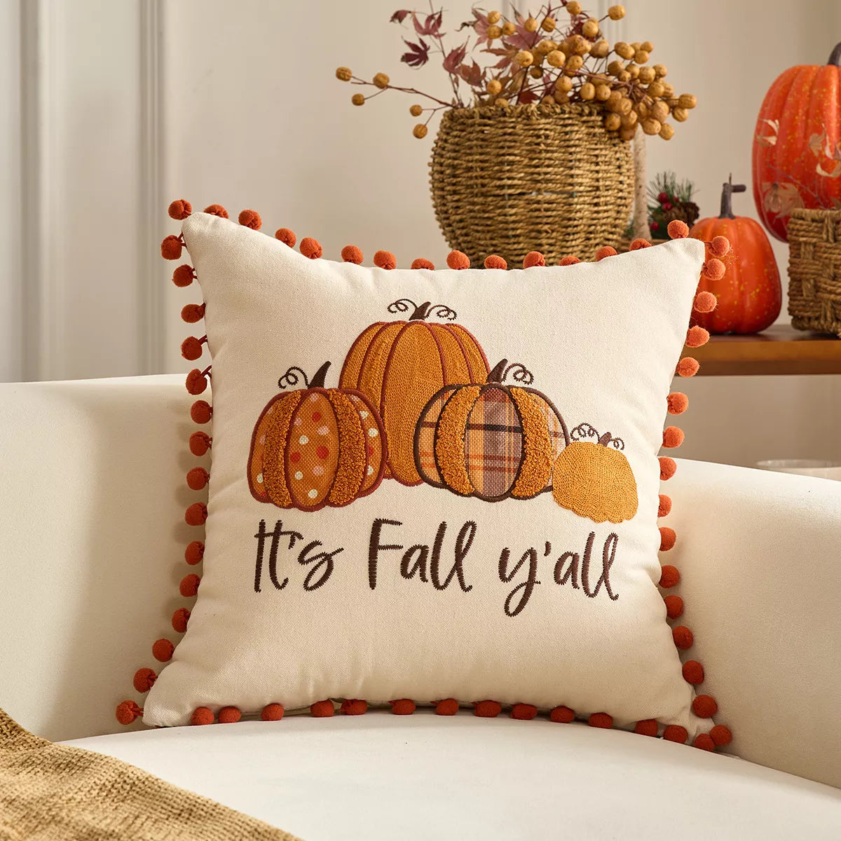 Autumn Pumpkin Embroidered Cushion Covers with Ruffles – Fall Decor