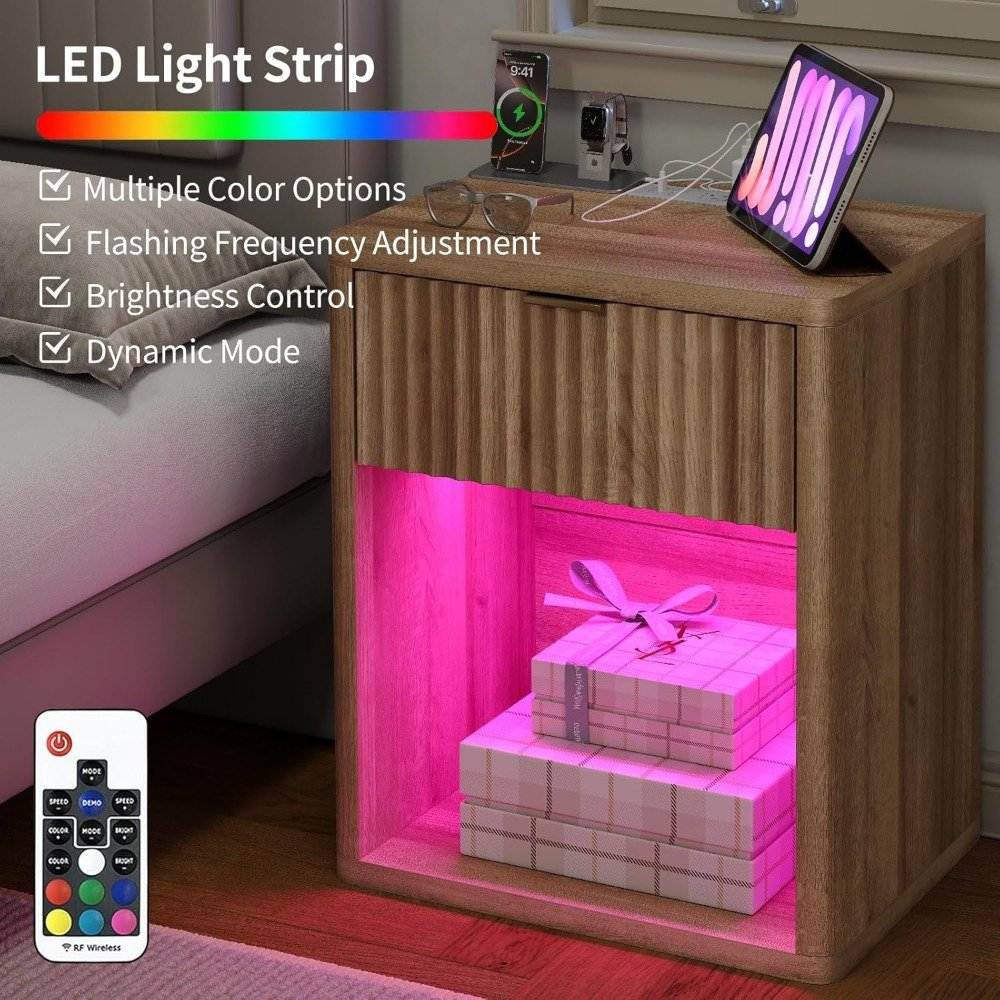 Set of 2 LED Premium Nightstands with Drawer and Charging Ports