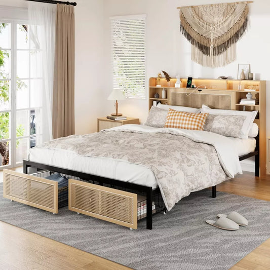 Queen Bed Frame with Storage Headboard, Faux Rattan, LED Lights & Charging Station - DSARD