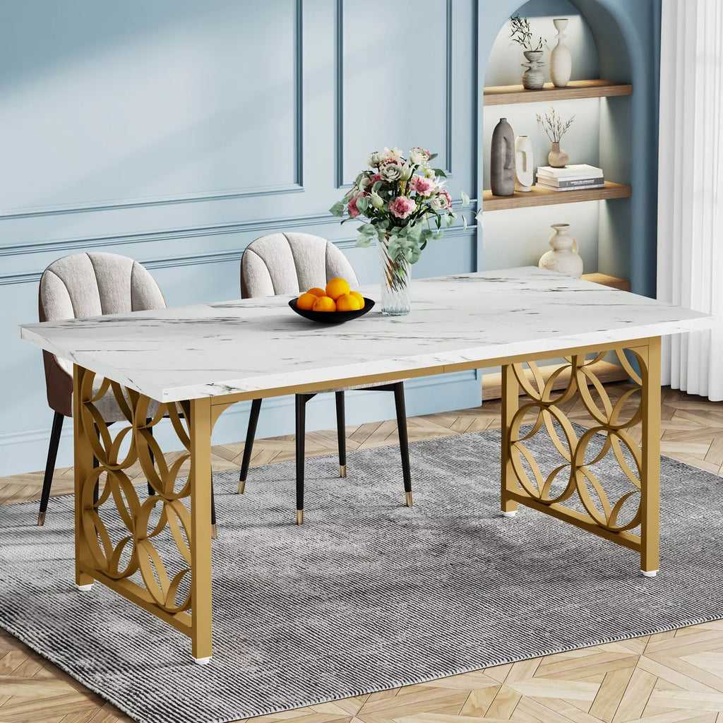 63-Inch Modern Marble Dining Table for 6, Rectangular Kitchen Table with Gold Frame - DSARD - DSARD