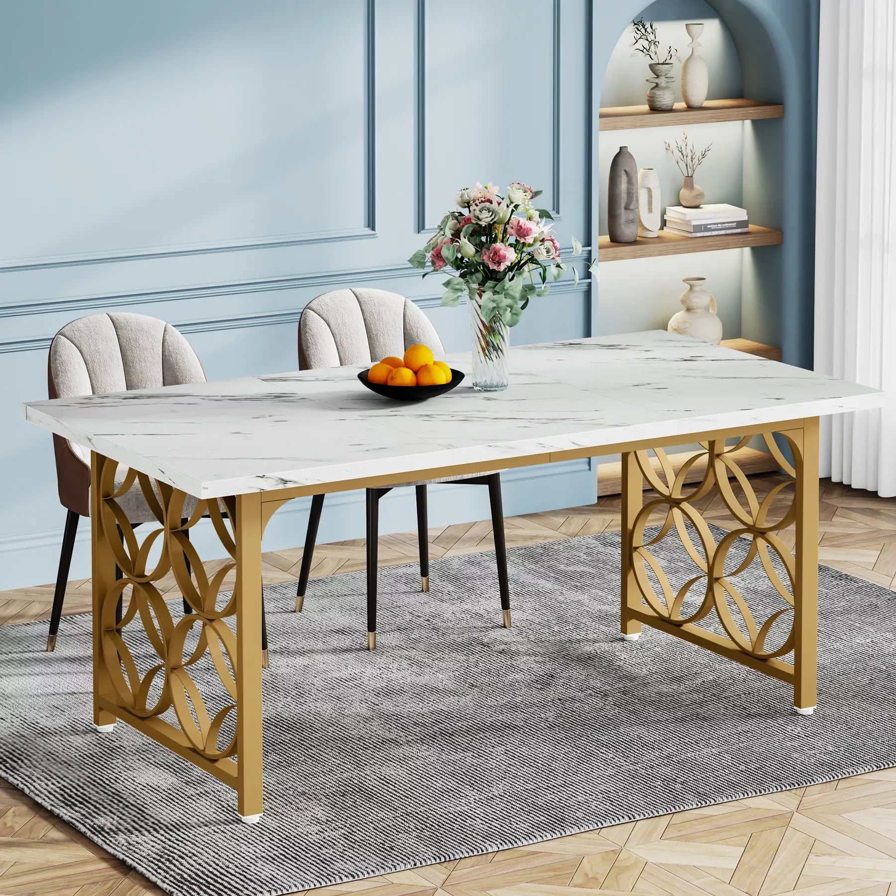 63-Inch Modern Marble Dining Table for 6, Rectangular Kitchen Table with Gold Frame - DSARD - DSARD