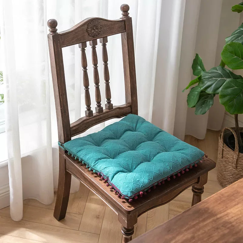 Bohemian Square Pompom Chair Cushion with Ties – Soft Decorative Floor Pillow - DSARD