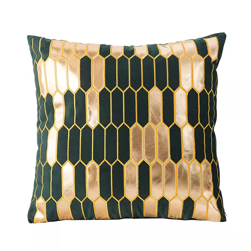 Gold Embroidered Velvet Geometric Cushion Cover 18x18in