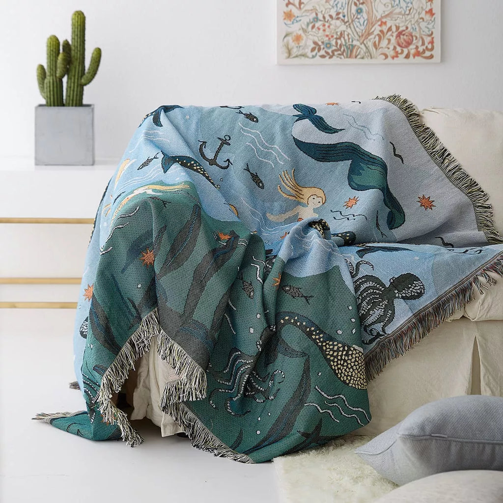 Nordic Mermaid Knit Sofa Blanket – Cozy Home & Outdoor Throw