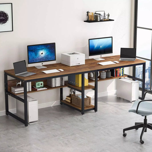 78″ Double Computer Desk with Bookshelves, Rustic Industrial Two-Person Workstation - DSARD