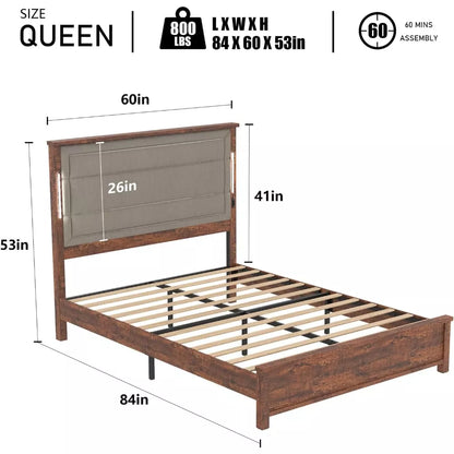 Queen Bed Frame with Tall Linen Headboard, LED Light & Charging Station - DSARD
