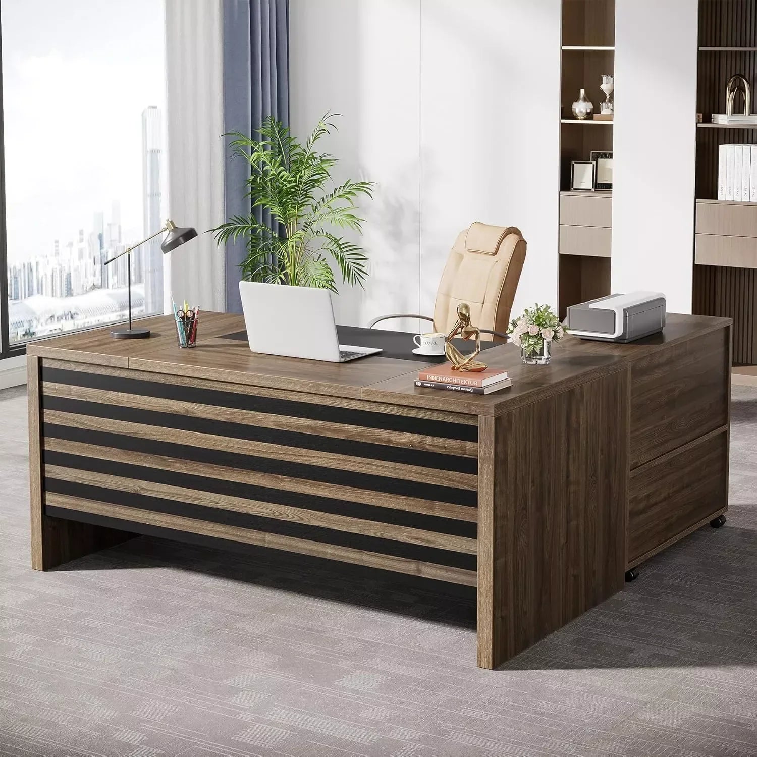 62.2″ L-Shaped Executive Desk with Mobile File Cabinet and Storage Shelves - DSARD - DSARD