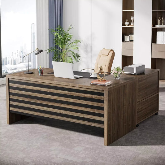 62.2″ L-Shaped Executive Desk with Mobile File Cabinet and Storage Shelves - DSARD - DSARD