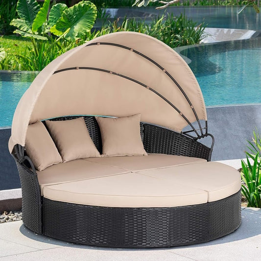 DSARD Outdoor Round Daybed with Retractable Canopy and Black Wicker Sectional