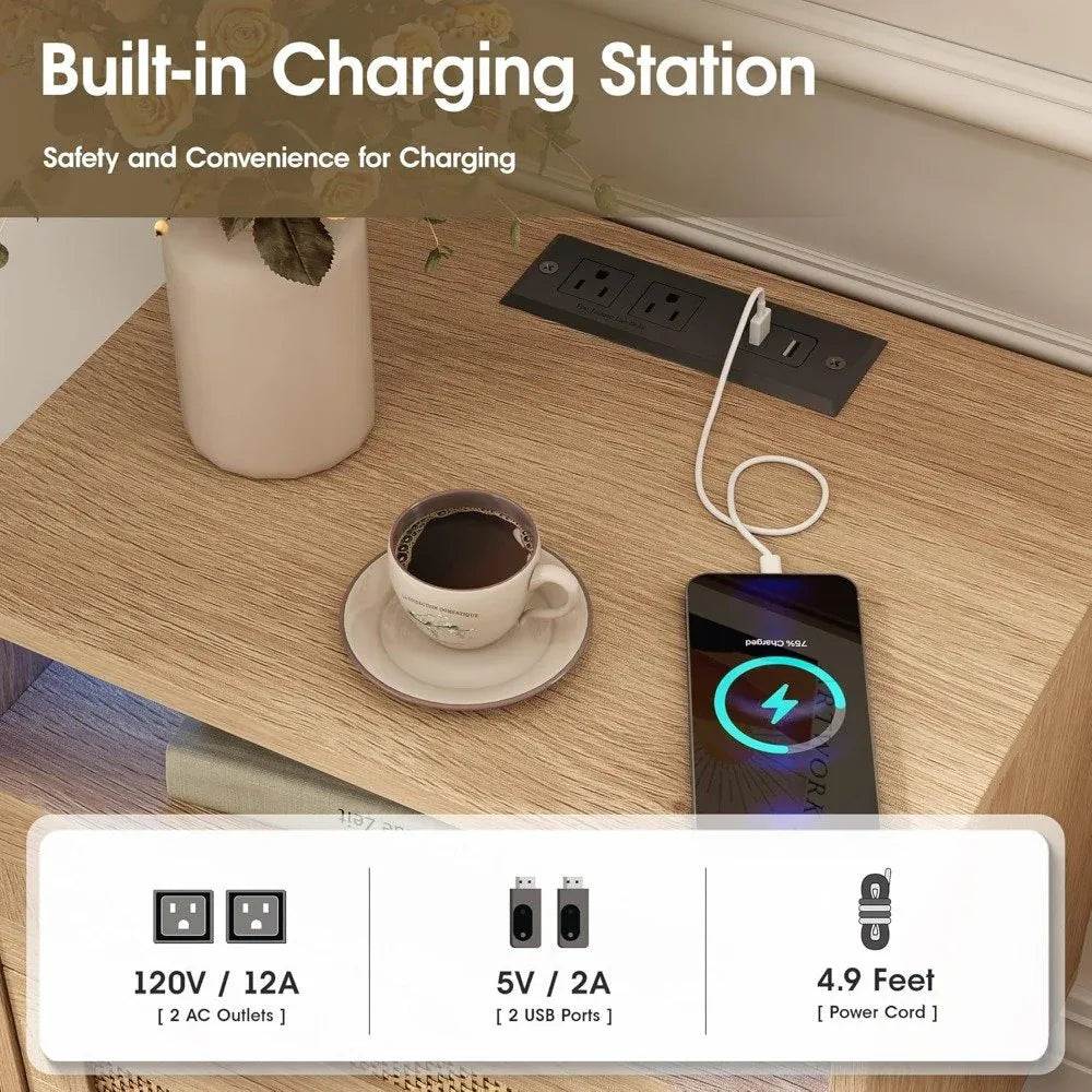 Boho Rattan Premium Nightstands with Charging Station, LED Lights & Drawers - DSARD