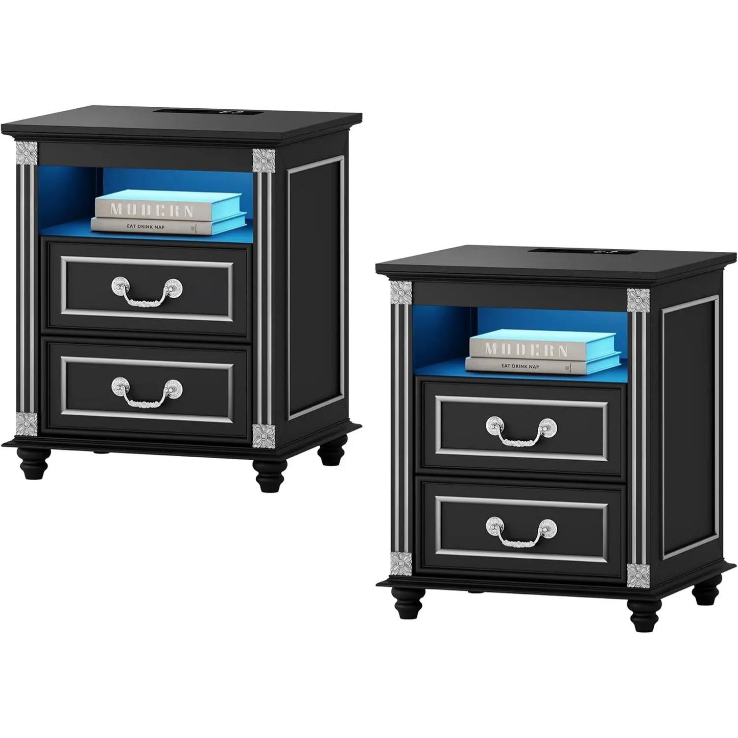 Set of 2 Premium Nightstands with LED Lights & Charging Station