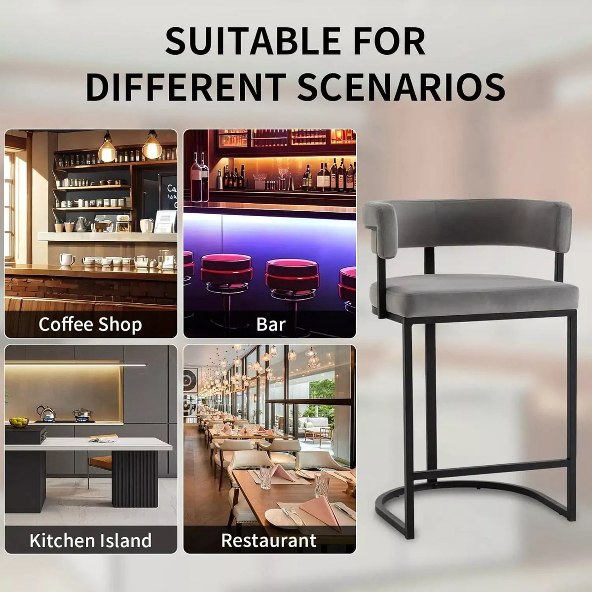 Set of 4 Modern Velvet Bar Stools with Barrel Backrest and Black Metal Footrest - DSARD