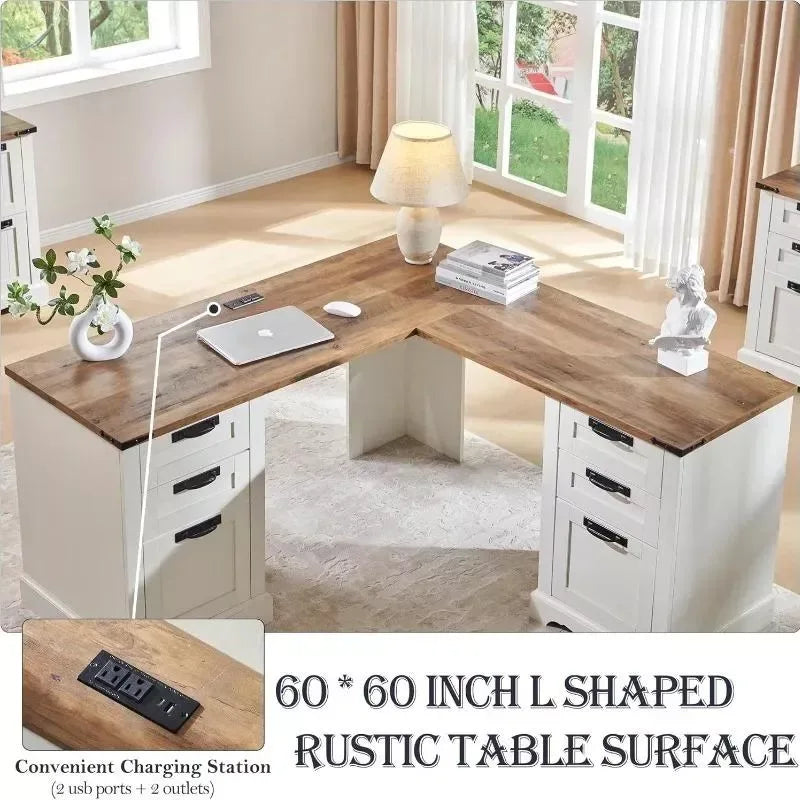 60″ L-Shaped Farmhouse Executive Desk with Drawers and Charging Station - DSARD - DSARD