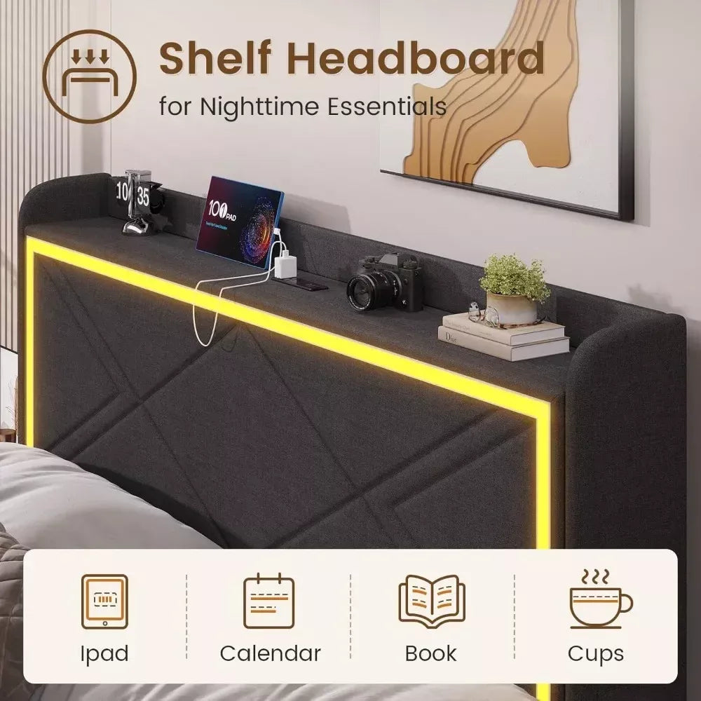 Queen Bed Frame with RGB LED Lights, USB Charging, and Storage Drawers - DSARD