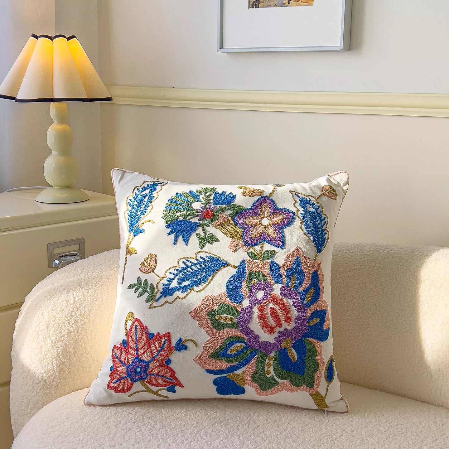 Floral Embroidered Cotton Pillow Cover 18×18 Inch – Cozy Decorative Cushion Case