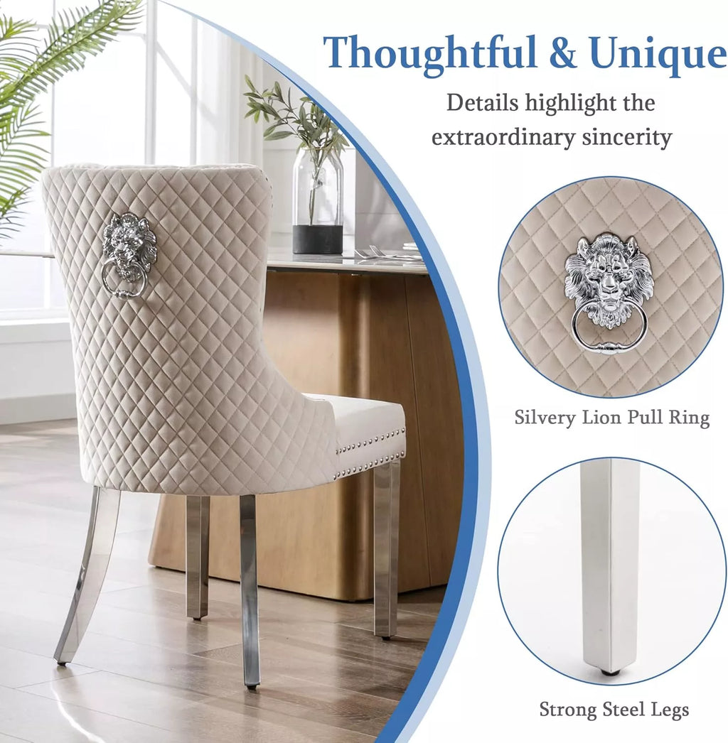 Tufted Upholstered Dining Room Chairs Set of 2 with Nailhead Trim and Lion Pull Ring - DSARD