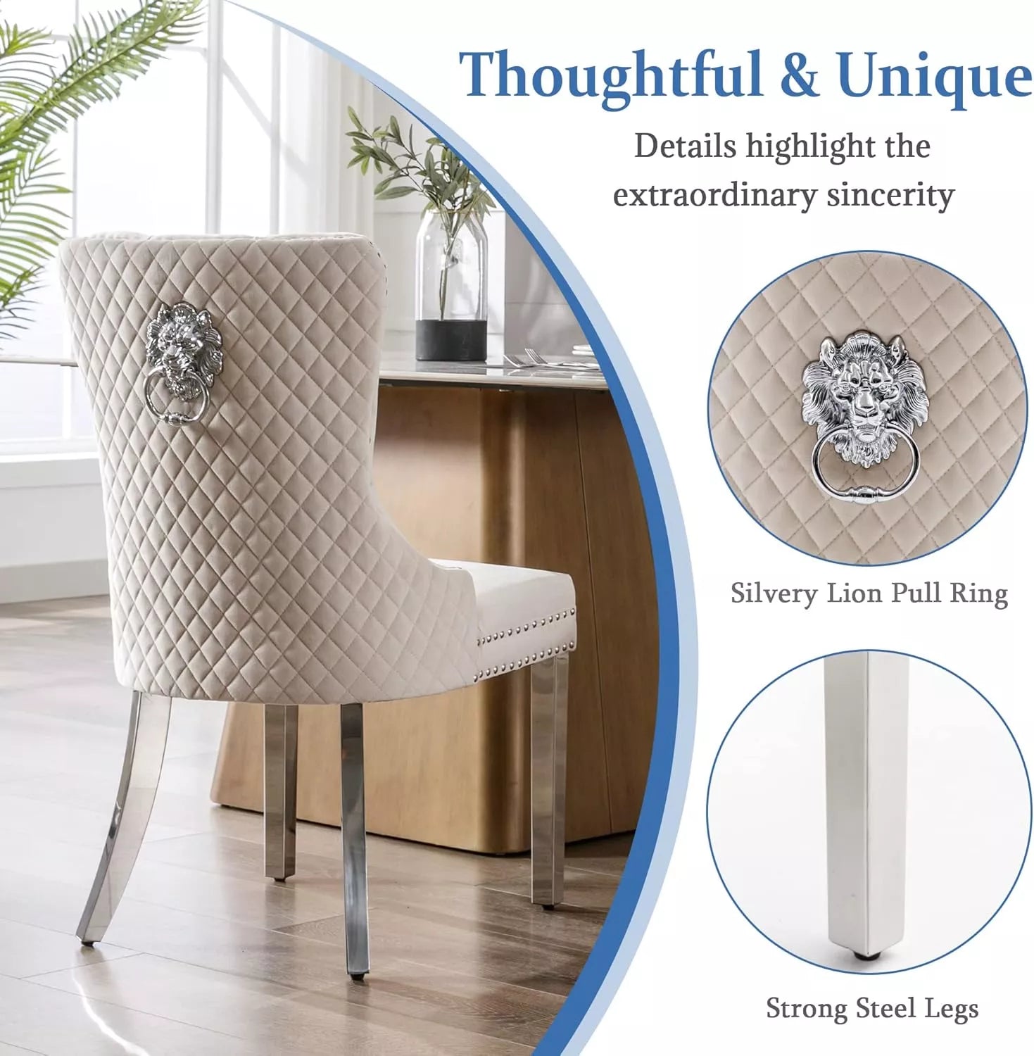 Tufted Upholstered Dining Room Chairs Set of 2 with Nailhead Trim and Lion Pull Ring - DSARD