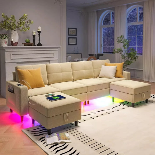Oversized U-Shaped Sectional Couch with RGB LED Lights & Charging Station - DSARD